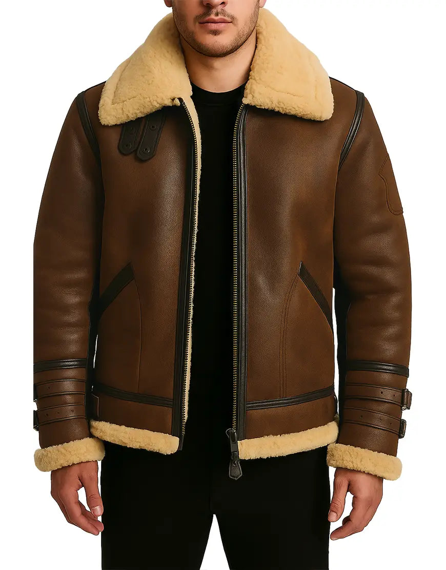 100% Original Leather B3 Brown Men’s Shearling Flight Jacket front zipper open view UEJ-MSHRL-0003-BRN
