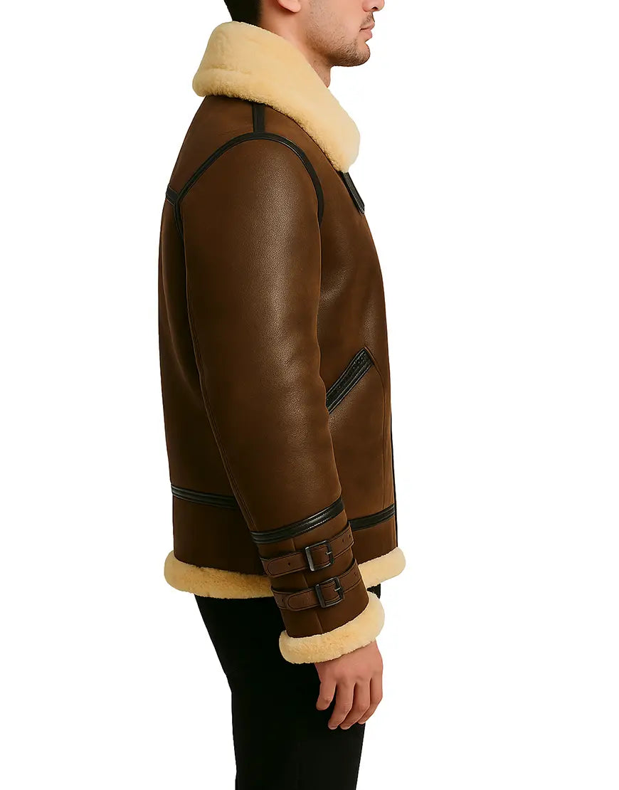 100% Original Leather B3 Brown Men’s Shearling Flight Jacket side view UEJ-MSHRL-0003-BRN