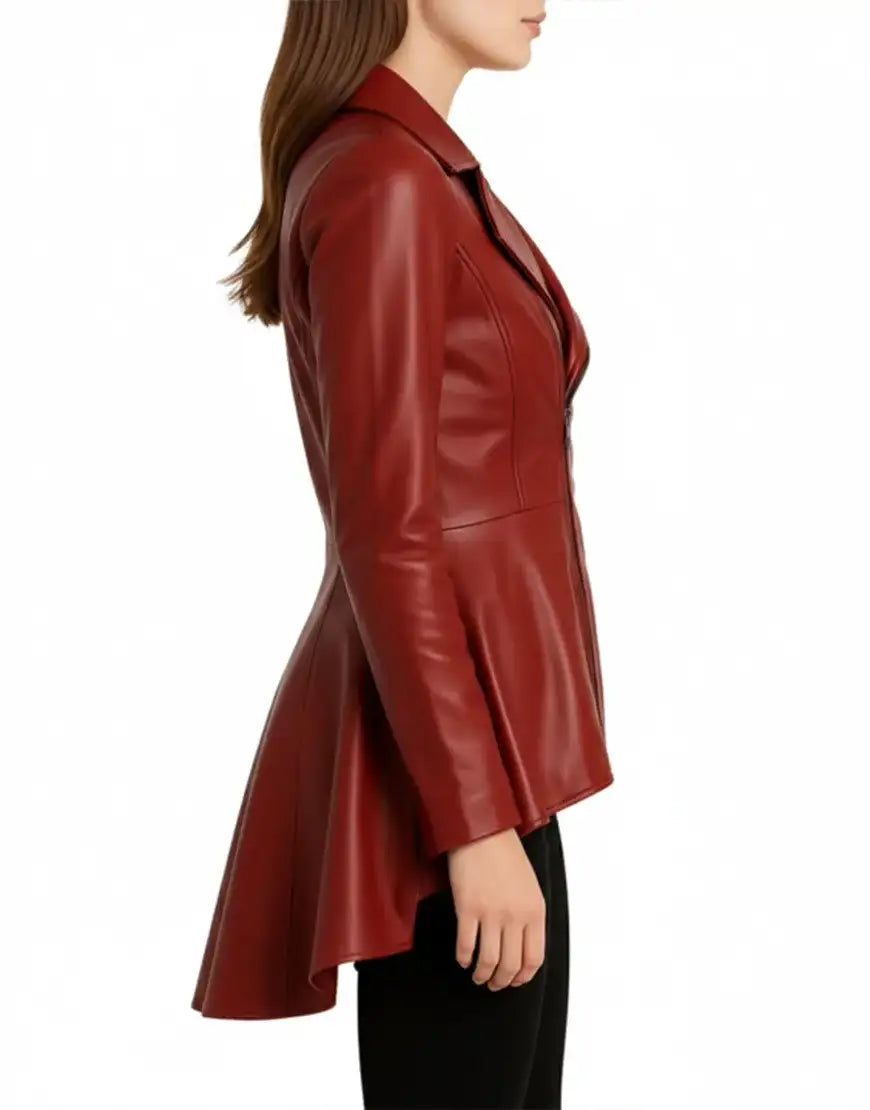 Peplum Style Red Leather Coat For Women Side View UEJ-WCOAT-0003-RED