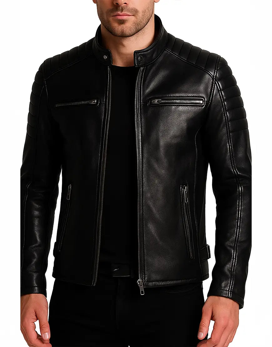 Quilted Men’s Black Leather Moto Jacket Regular Fit Style front zipper open view UEJ-MBIKR-0004-BLK