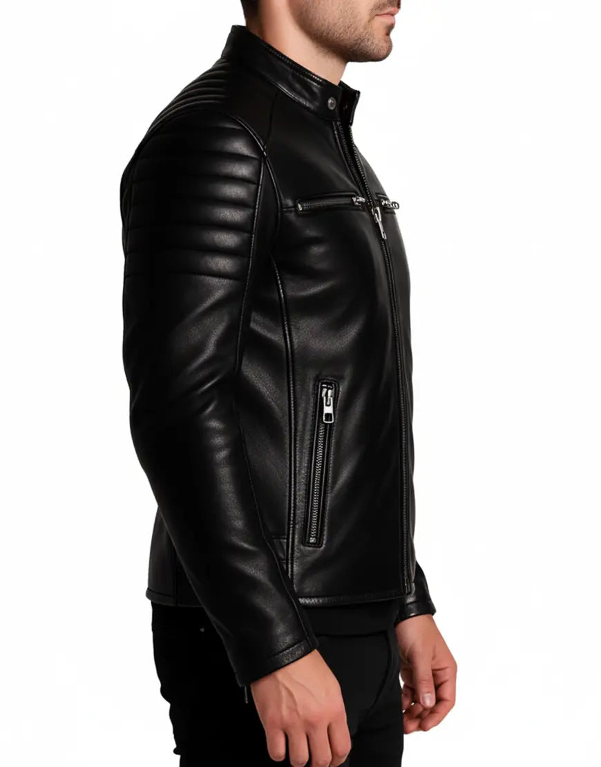 Quilted Men’s Black Leather Moto Jacket Regular Fit Style side view UEJ-MBIKR-0004-BLK