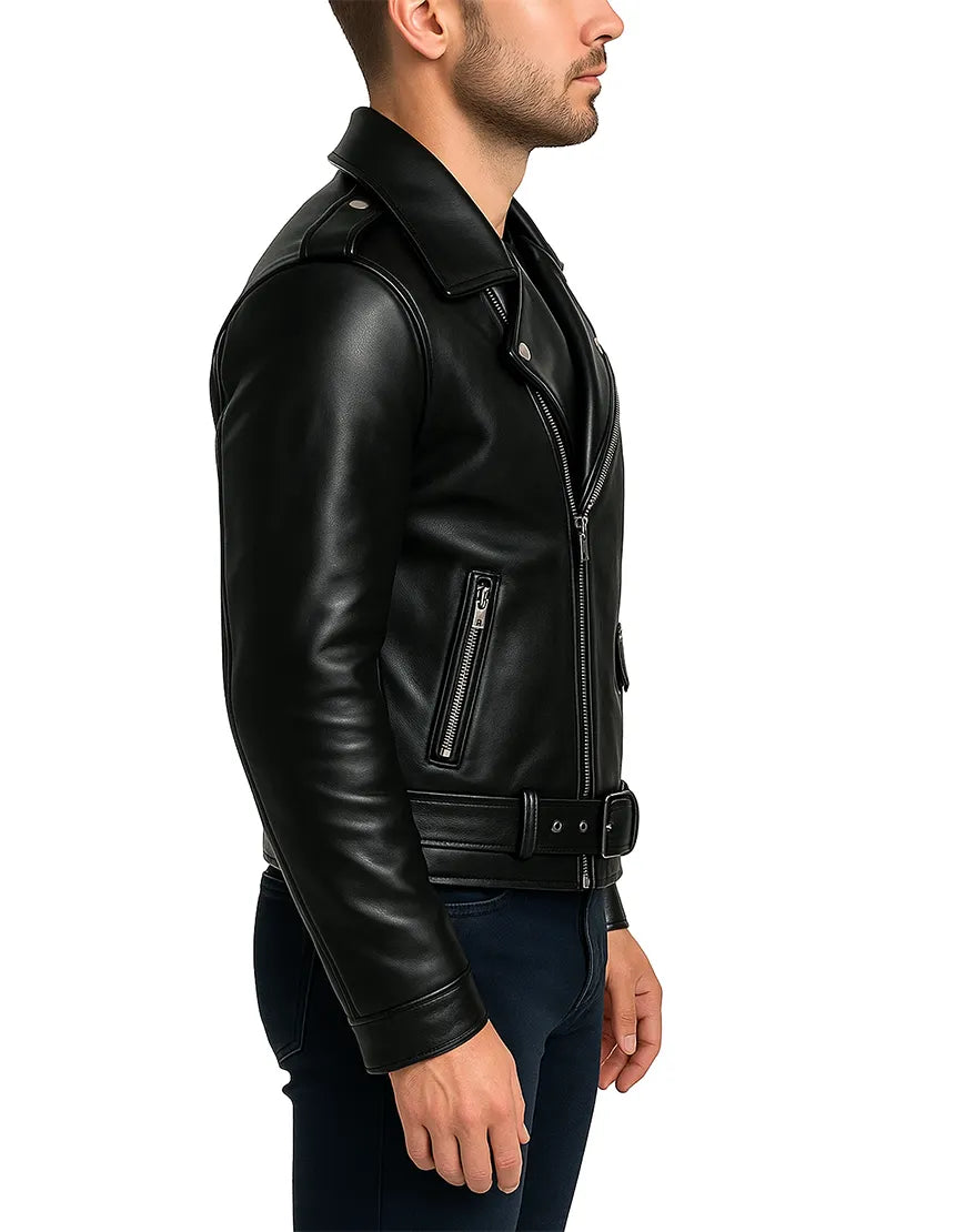 Belted Solid Black Men’s Leather Moto Jacket side view UEJ-MBIKR-0002-BLK