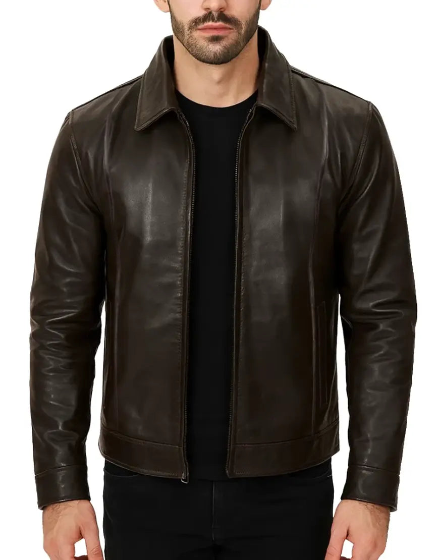 Real Leather Distressed Dark Brown Jacket For Men front zipper open view UEJ-MLTHR-0006-DBRN