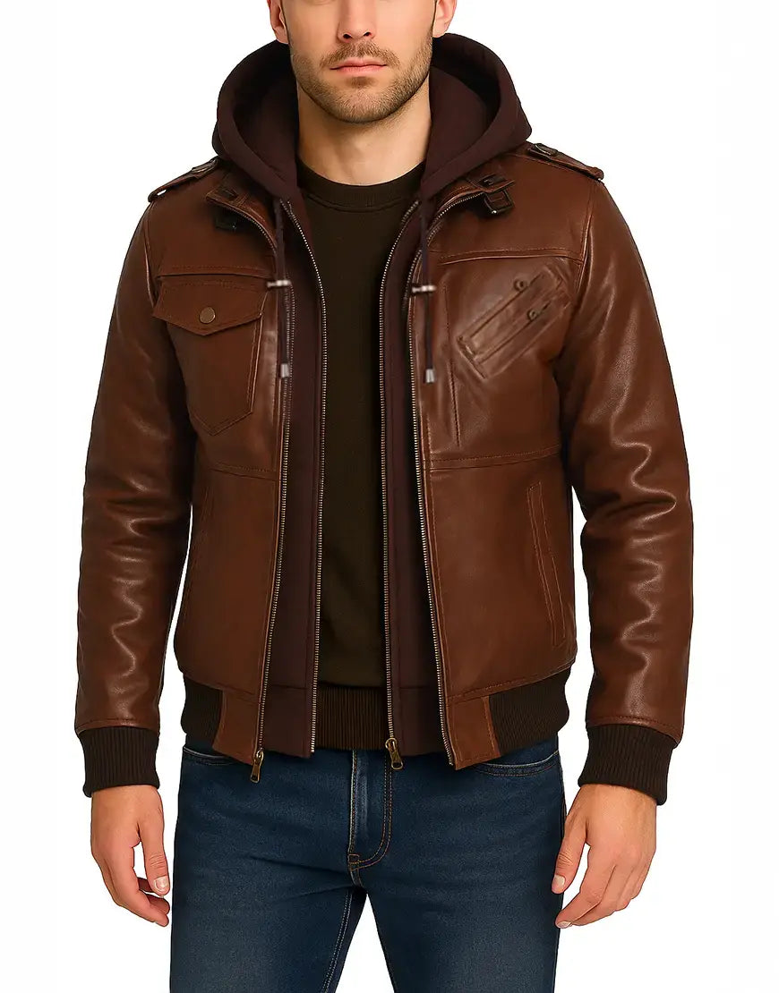Rib-Knitted Cognac Brown Bomber Leather Jacket For Men front zipper opened view UEJ-MBMBR-0004-BRN