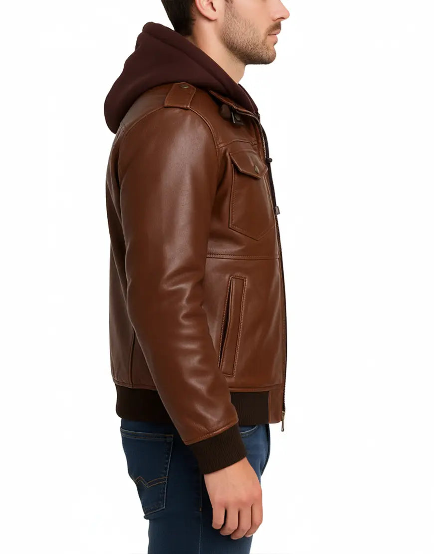 Rib-Knitted Cognac Brown Bomber Leather Jacket For Men side view UEJ-MBMBR-0004-BRN