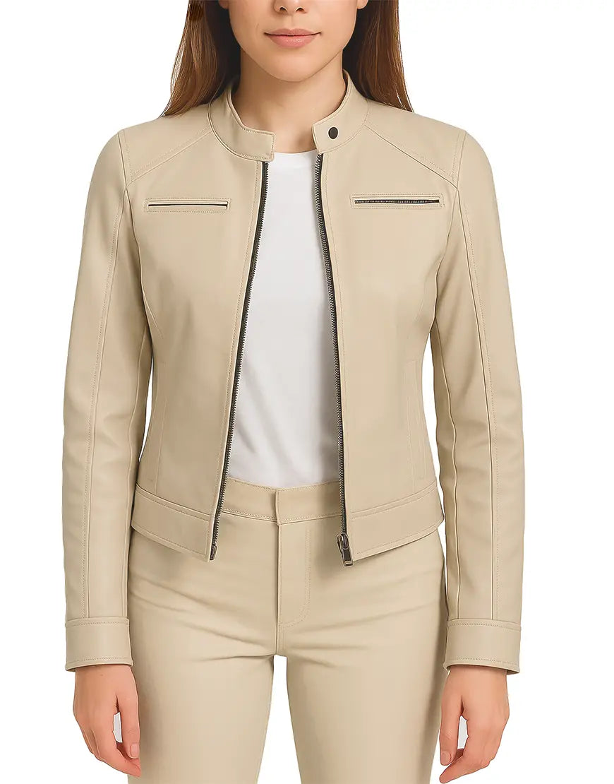 Women’s Beige Color Cafe Racer Leather Jacket front zipper open UEJ-WCAFR-0001