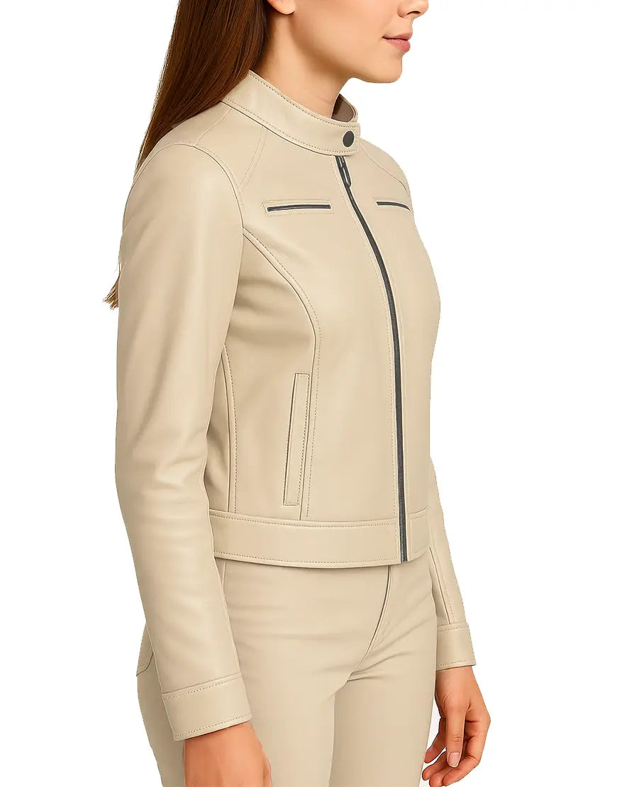 Women’s Beige Color Cafe Racer Leather Jacket side view UEJ-WCAFR-0001