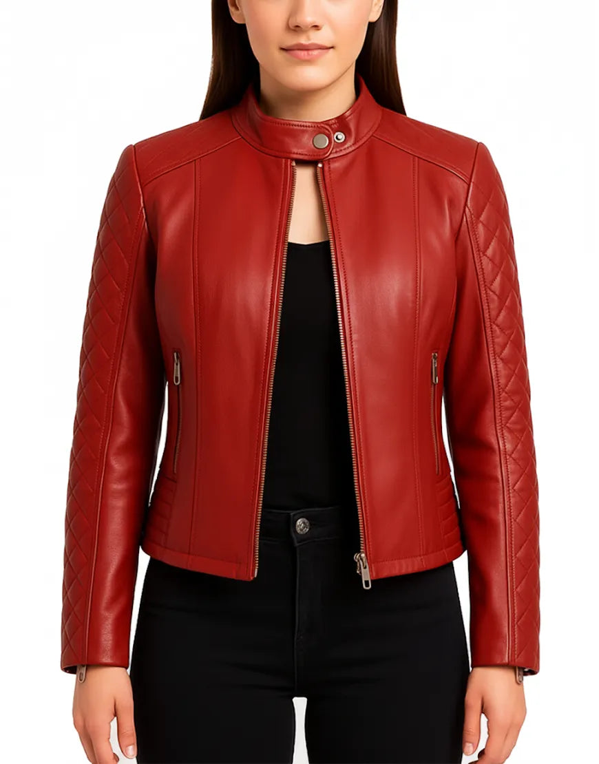 Diamond Quilted Red Leather Biker Jacket For Women front zipper open UEJ-WCAFR-0002-RED