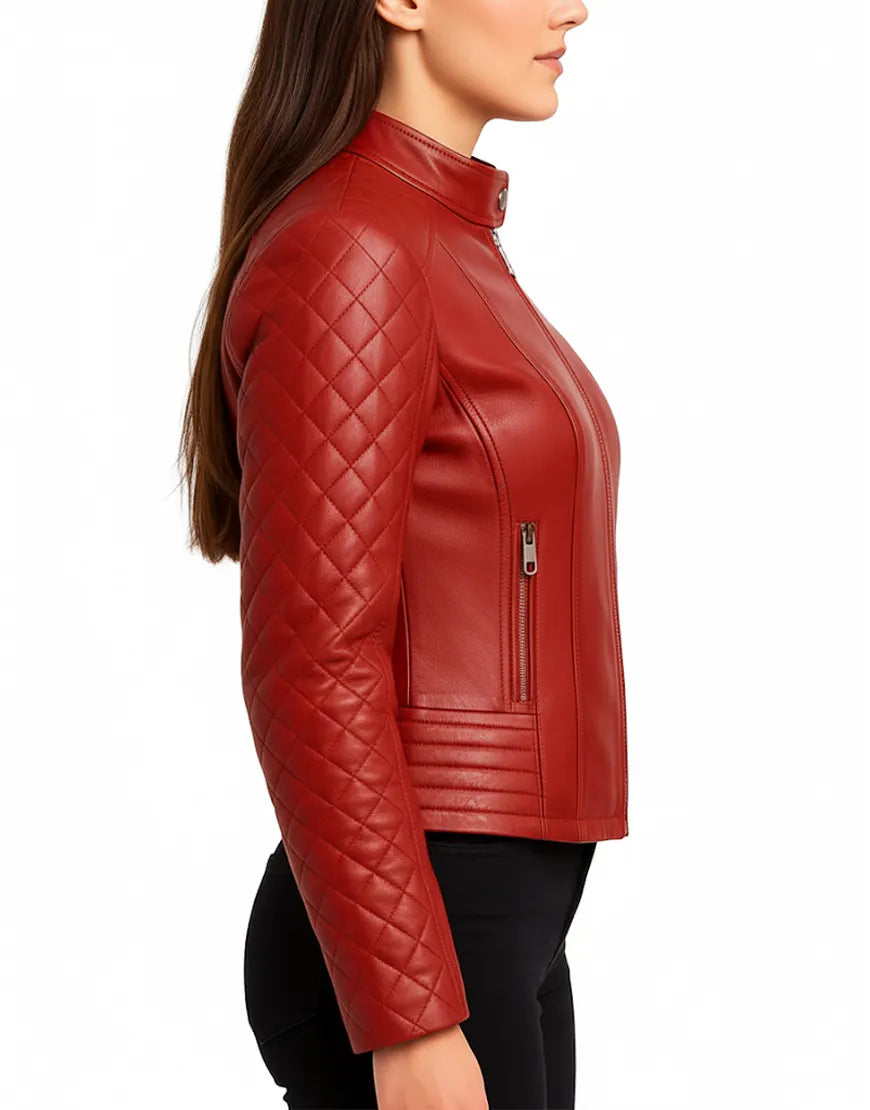 Diamond Quilted Red Leather Biker Jacket For Women side view UEJ-WCAFR-0002-RED