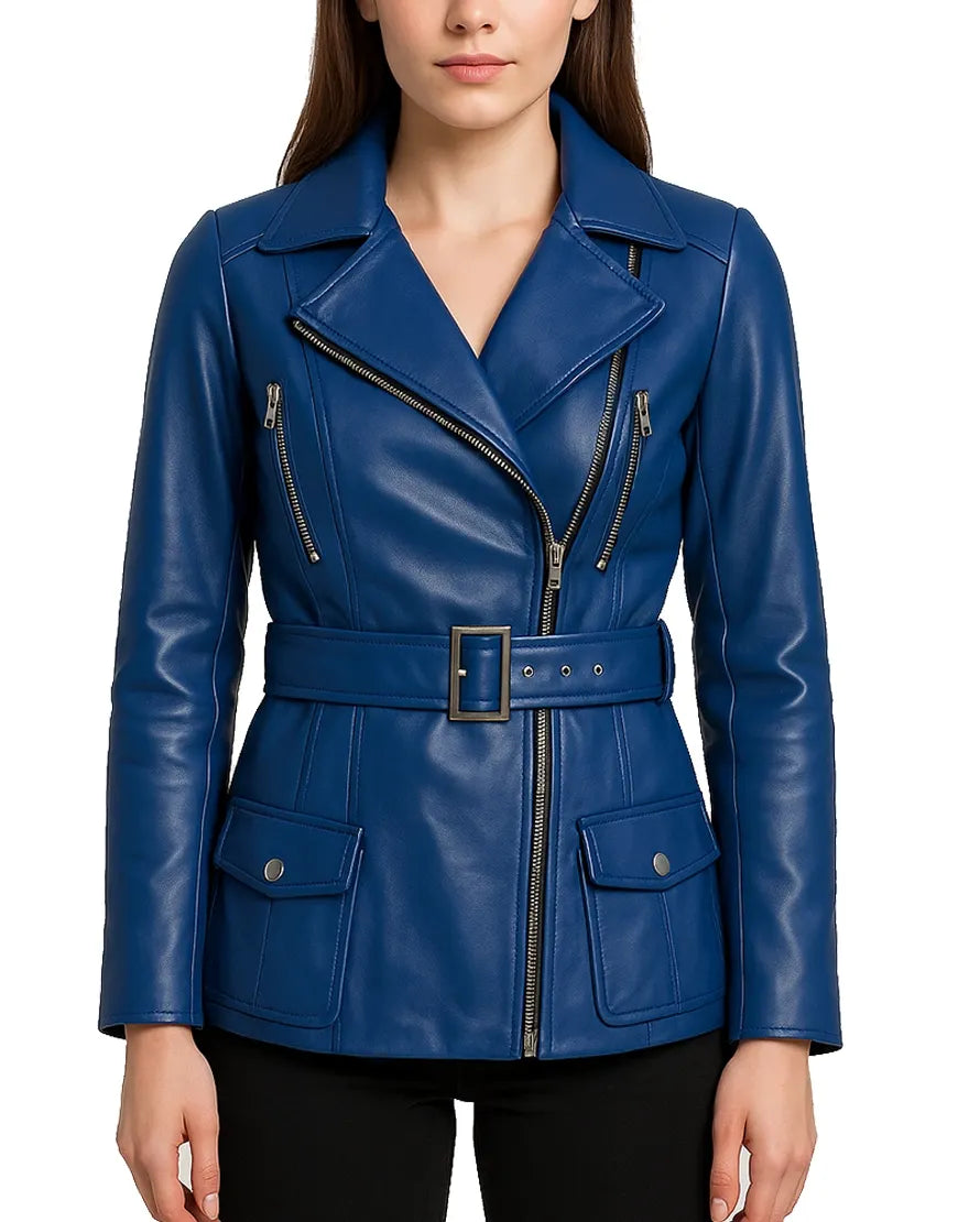 Asymmetrical Women’s Blue Leather Biker Coat blu zip added UEJ-WCOAT-0004-BLU