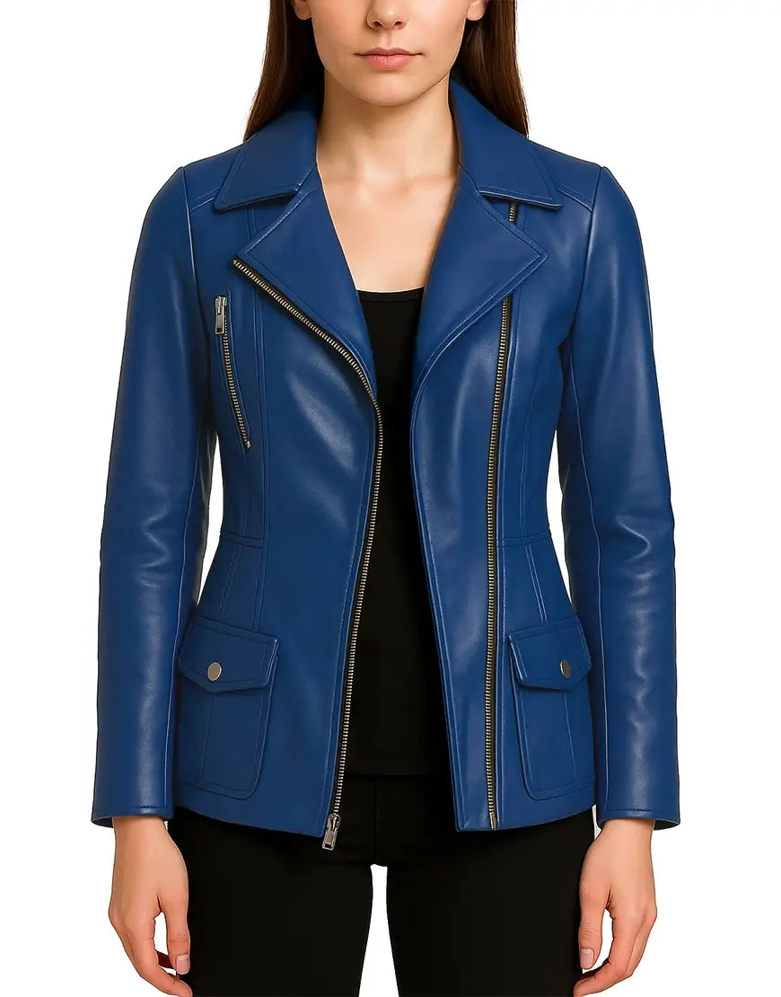 Asymmetrical Women’s Blue Leather Biker Coat UEJ-WCOAT-0004-BLU FRONT