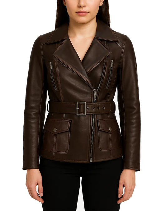 Biker Style Black Leather Coat For Women front UEJ-WCOAT-0004-BRN