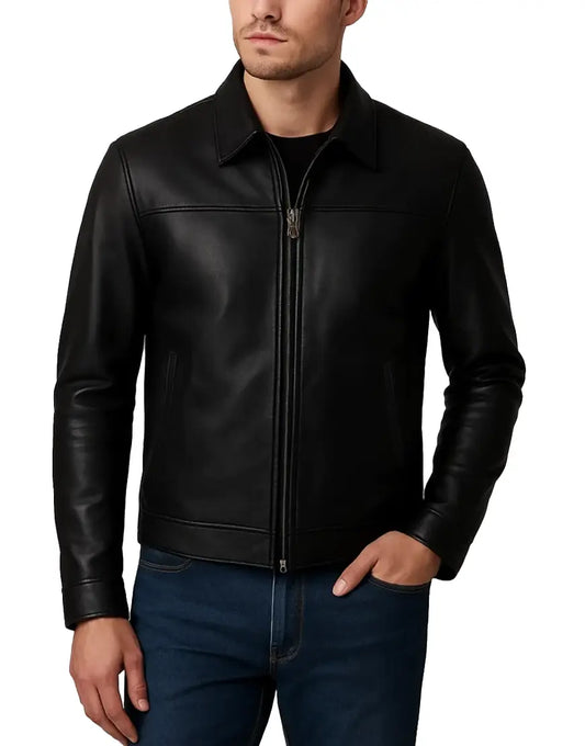 Classic Solid Black Leather Jacket For Men front zipper open view UEJ-MLTHR-0019-BLK