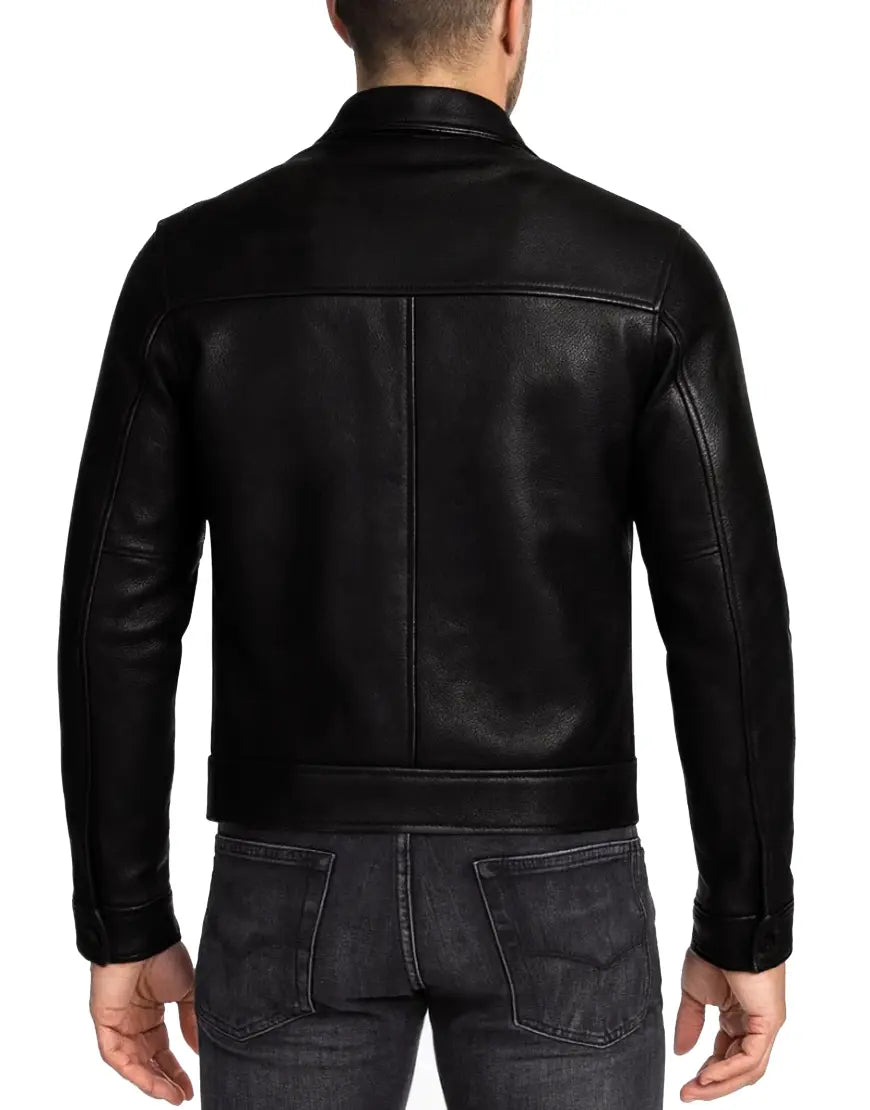 Classic Solid Black Leather Jacket For Men back UEJ-MLTHR-0019-BLK