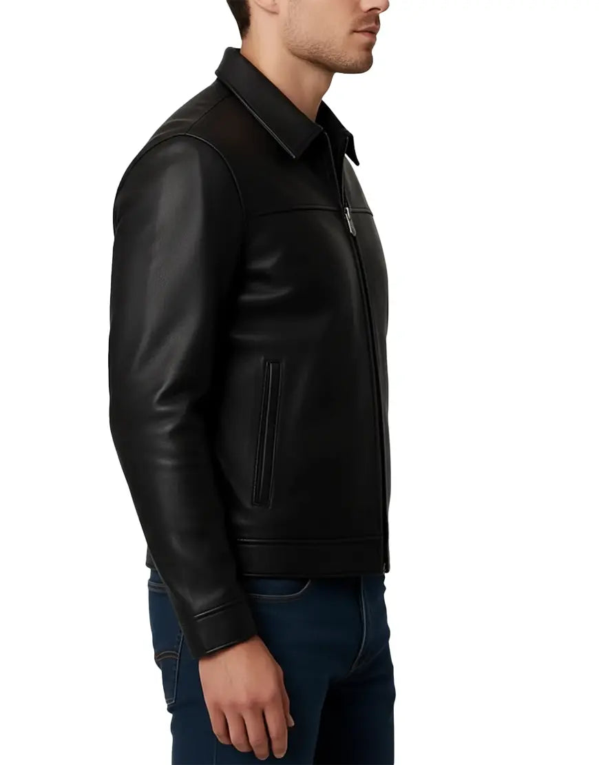 Classic Solid Black Leather Jacket For Men side view UEJ-MLTHR-0019-BLK
