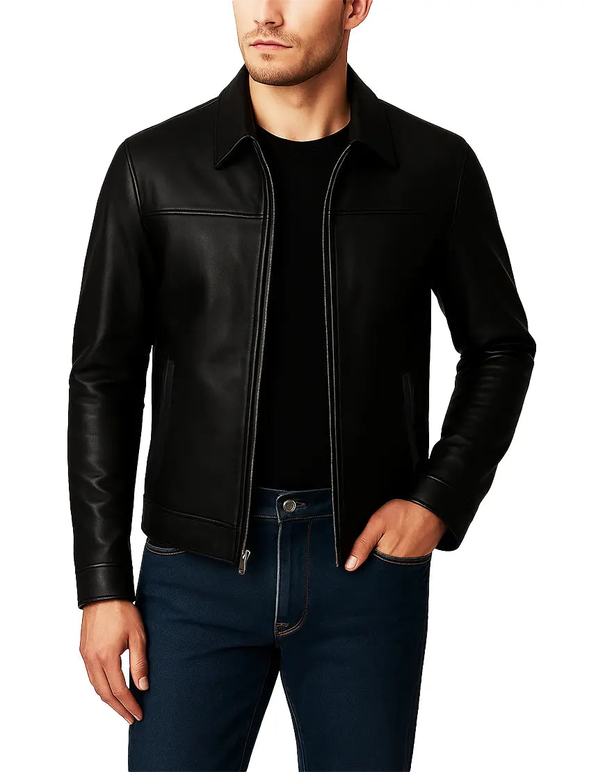 Classic Solid Black Leather Jacket For Men front zipper UEJ-MLTHR-0019-BLK