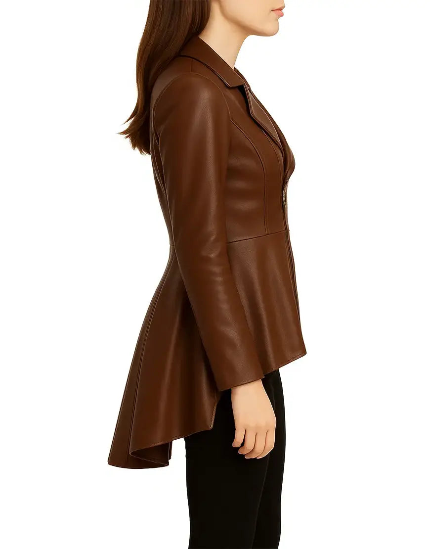 Peplum Style Brown Leather Coat For Women Side View UEJ-WCOAT-0003-BRN