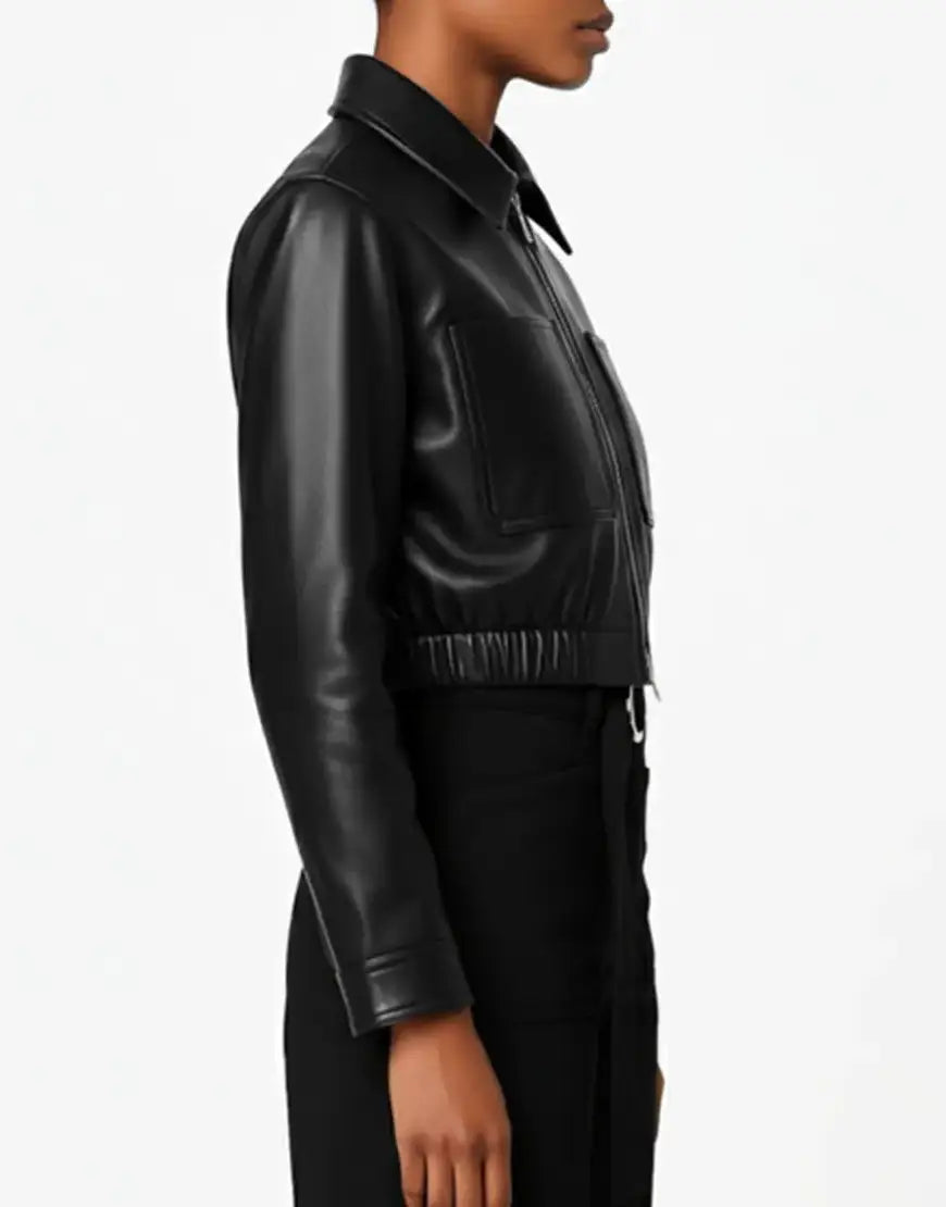 Cropped Glossy Black Leather Jacket For Women UEJ-WLTHR-0026- Side blK