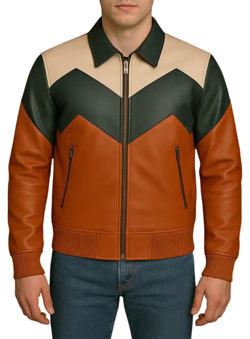 Men’s Multicolor Leather Bomber Jacket front UEJ-MBMBR-0003