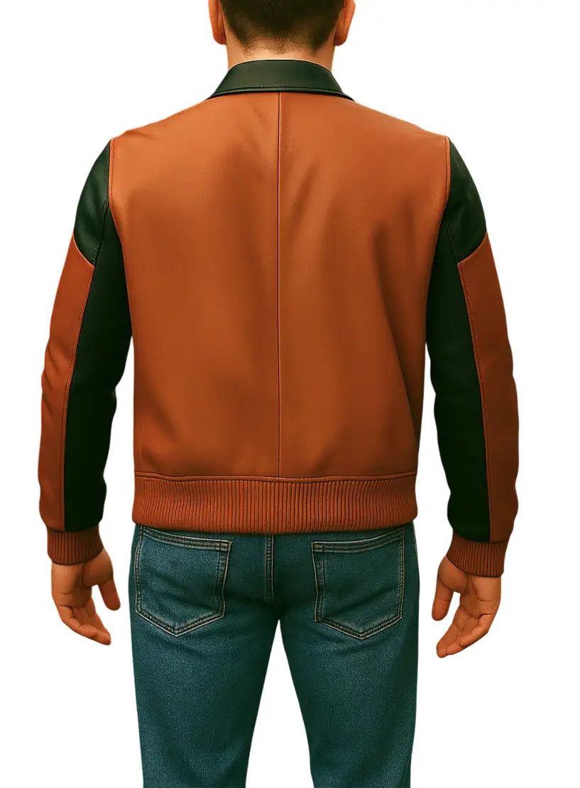 Men’s Multicolor Leather Bomber Jacket back view UEJ-MBMBR-0003