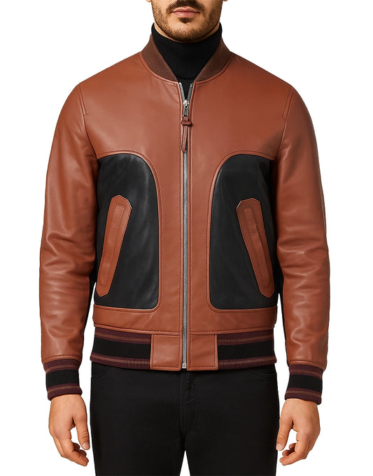 Mens-Brown-and-Black-Bomber-Leather-Jacket-MLTHR-0005-front-1.webp