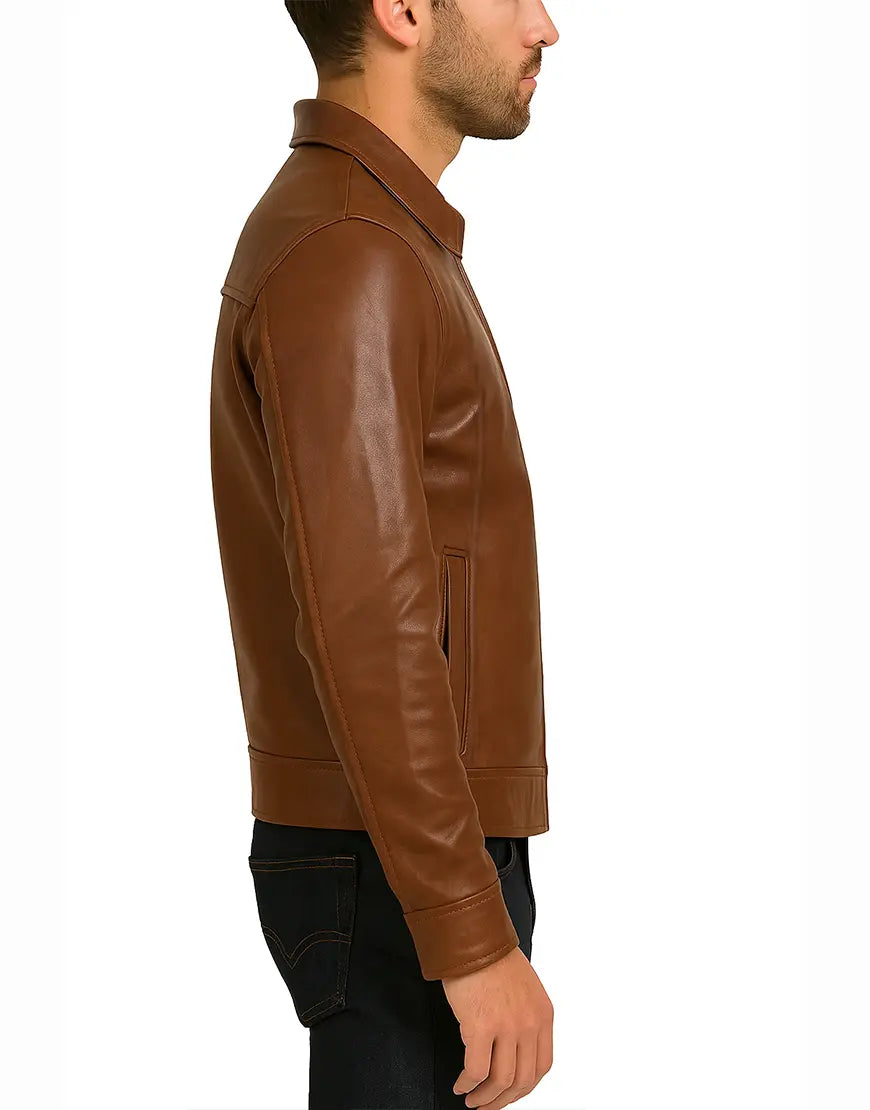 Retro Cognac Brown Leather Jacket For Men side view UEJ-MLTHR-0006-COG