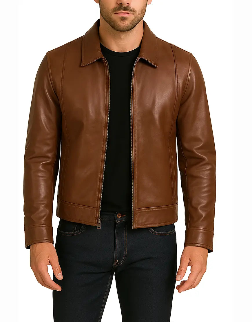 Retro Cognac Brown Leather Jacket For Men front zipper open UEJ-MLTHR-0006-COG