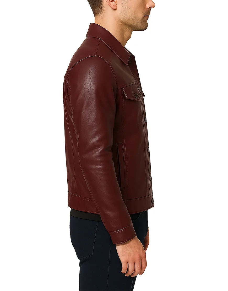 Genuine Leather Burgundy Jacket For Men SIDE VIEW UEJ-MLTHR-0008-BRG