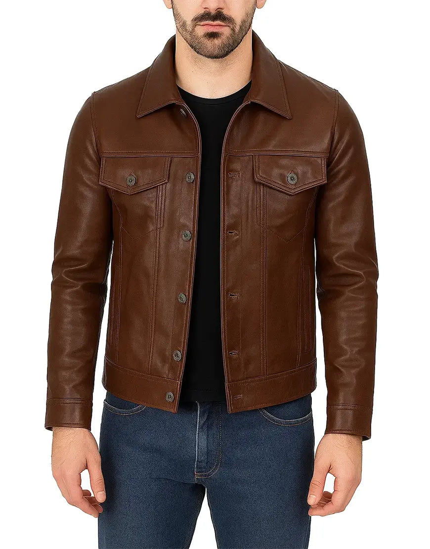 Mens-Cognac-Brown-Trucker-Leather-Jacket-Shirt-Style-front-UEJ-MLTHR-0008-COG.webp