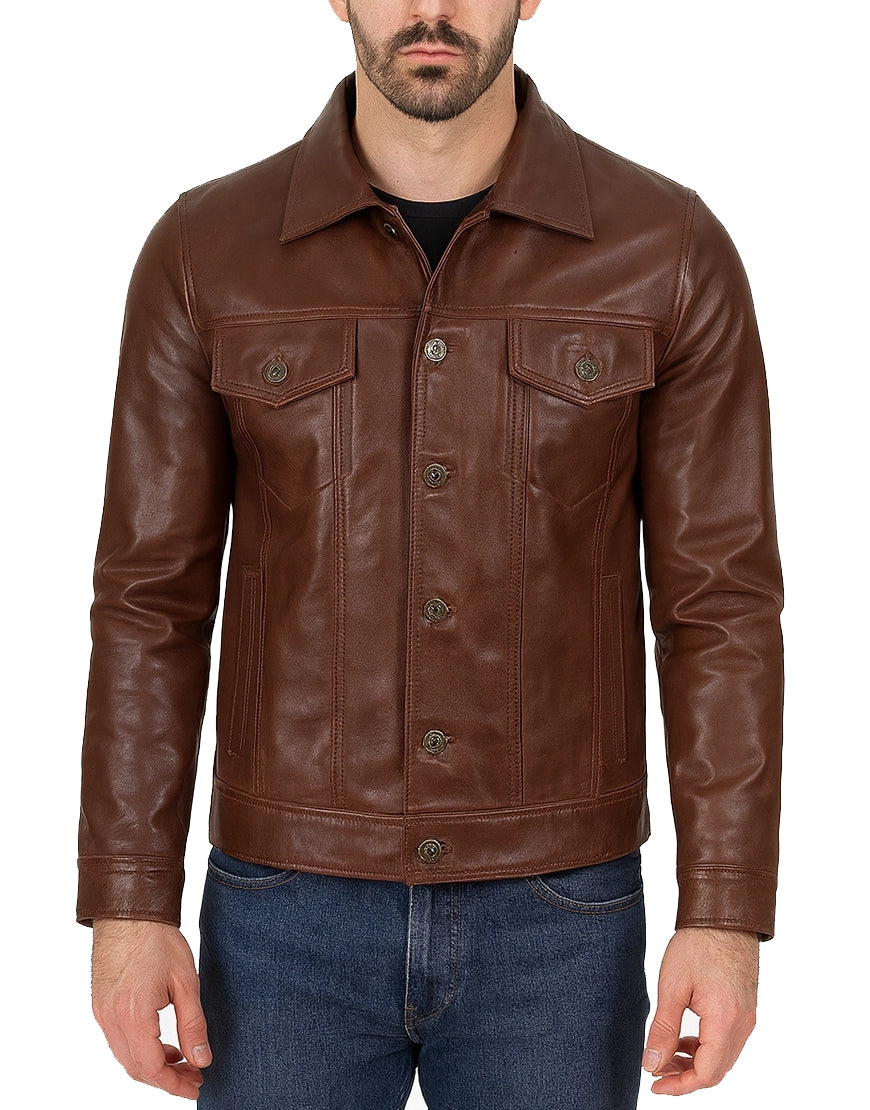 Mens-Cognac-Trucker-Leather-Jacket-Shirt-Style-MLTHR-0011-front-brown.webp