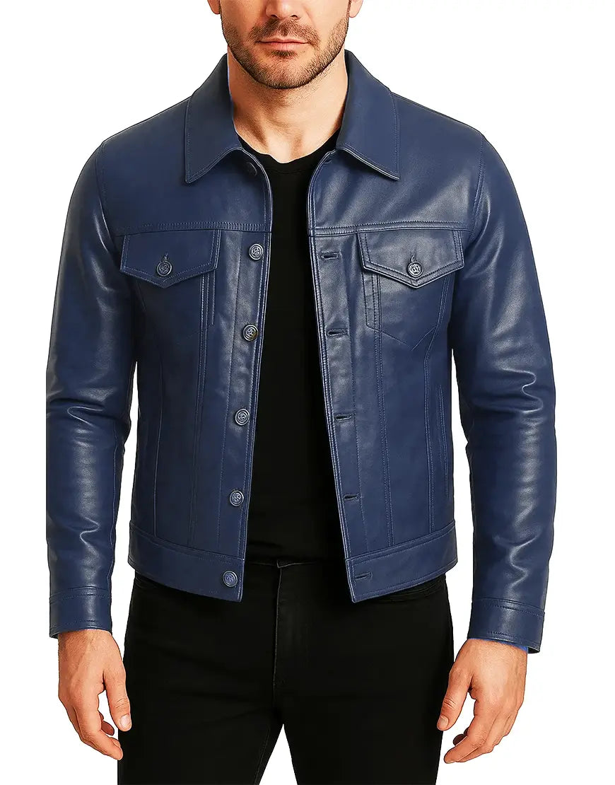 Mens-Real-Leather-Blue-Waxed-Trucker-Jacket-front-UEJ-MLTHR-0008-BLU.webp