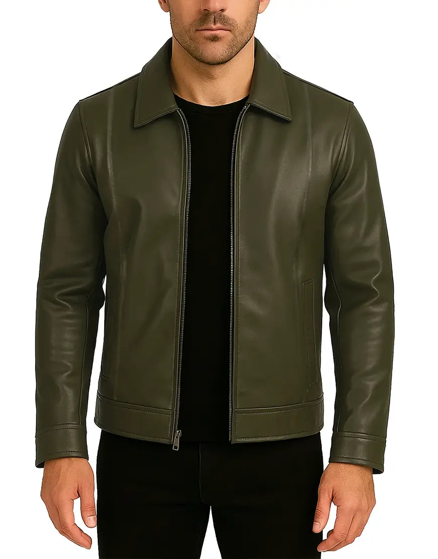 Earthy Tone Olive Green Leather Jacket For Men Regular Fit Style front zipper open view UEJ-MLTHR-0006-GRN