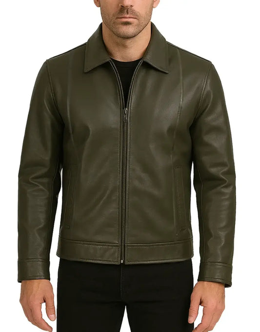 Earthy Tone Olive Green Leather Jacket For Men Regular Fit Style front zipper close view UEJ-MLTHR-0006-GRN