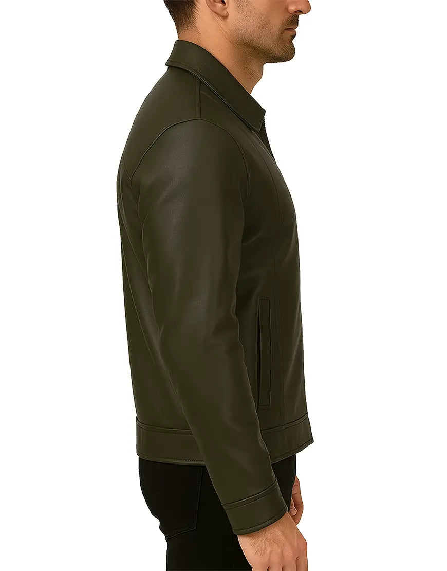 Earthy Tone Olive Green Leather Jacket For Men Regular Fit Style side view UEJ-MLTHR-0006-GRN