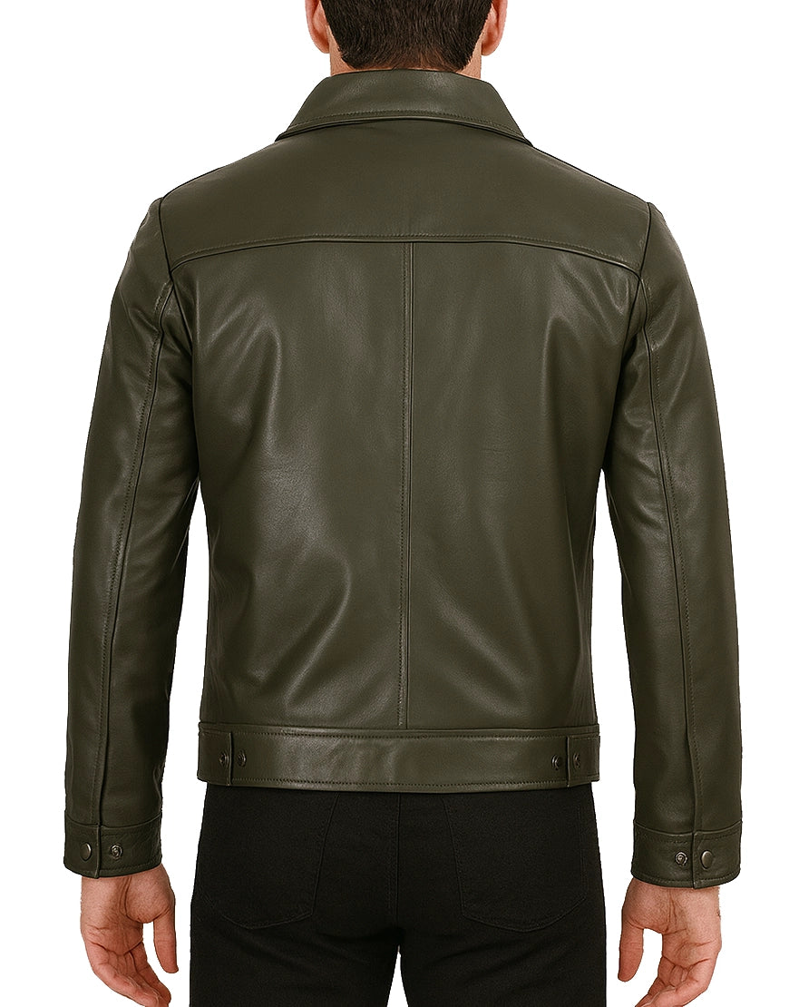 Mens-Classic-Shirt-Collar-Olive-Green-Leather-Jacket-MLTHR-0016-back.webp