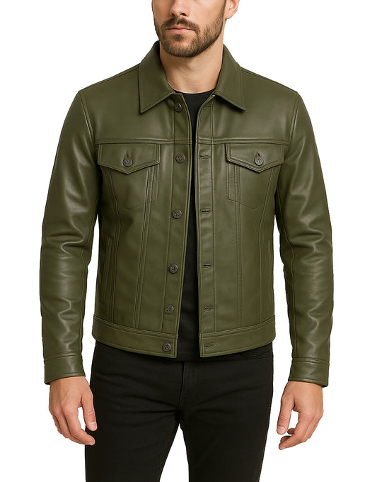 Mens-Four-Pockets-Olive-Green-Trucker-Leather-Jacket-MLTHR-0018-front.webp