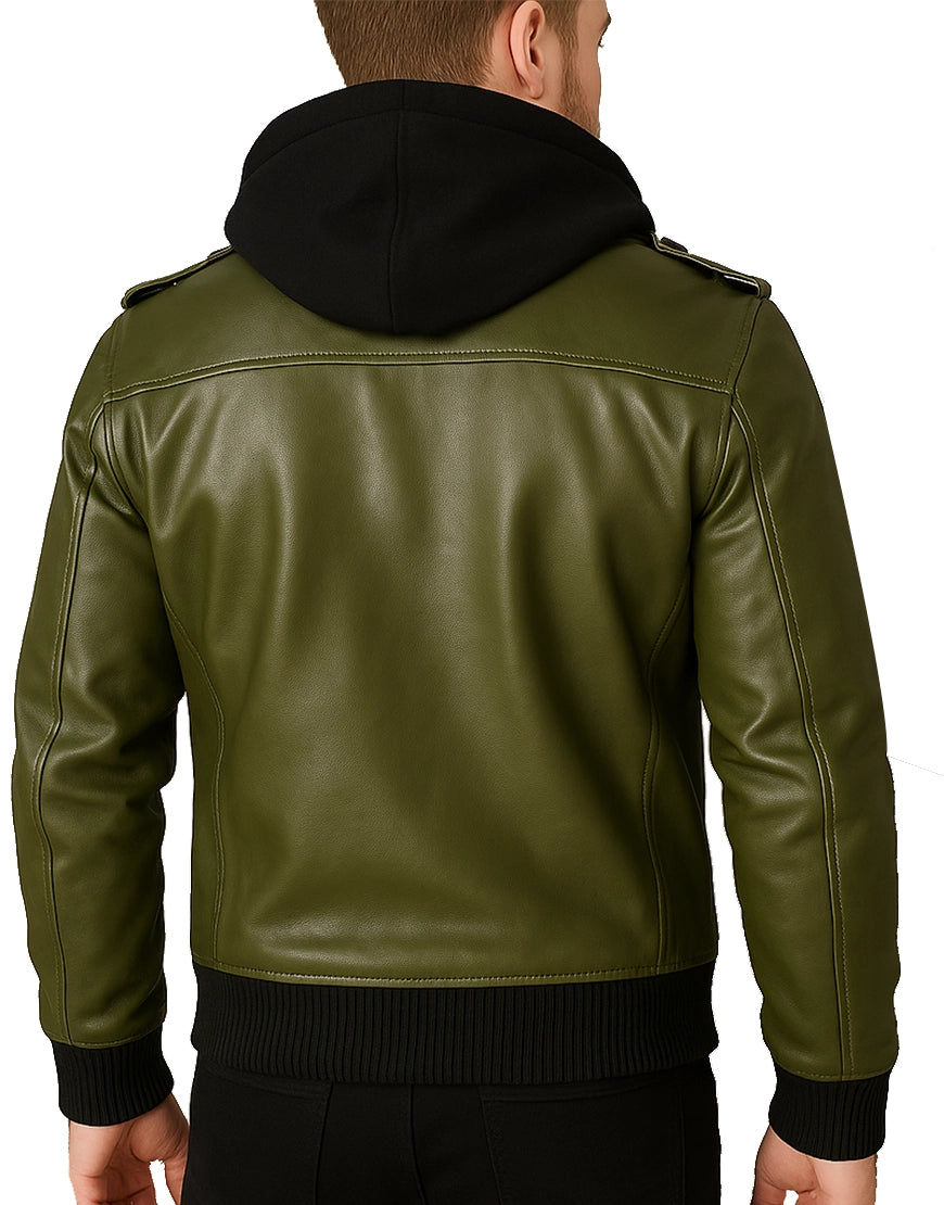 Mens-Olive-Green-Bomber-Leather-Jacket-With-Removable-Hood-MBMBR-0001-back-1.webp