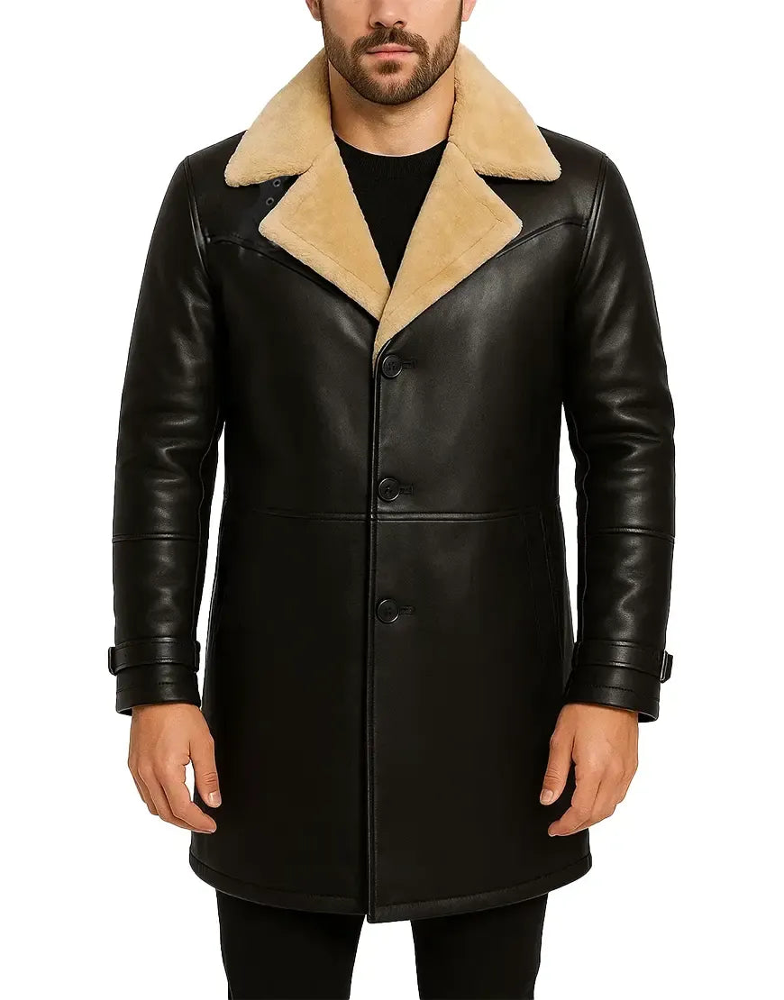 Beige Shearling Lining Black Leather Trench Coat For Men front close UEJ-MCOAT-0002-BLK