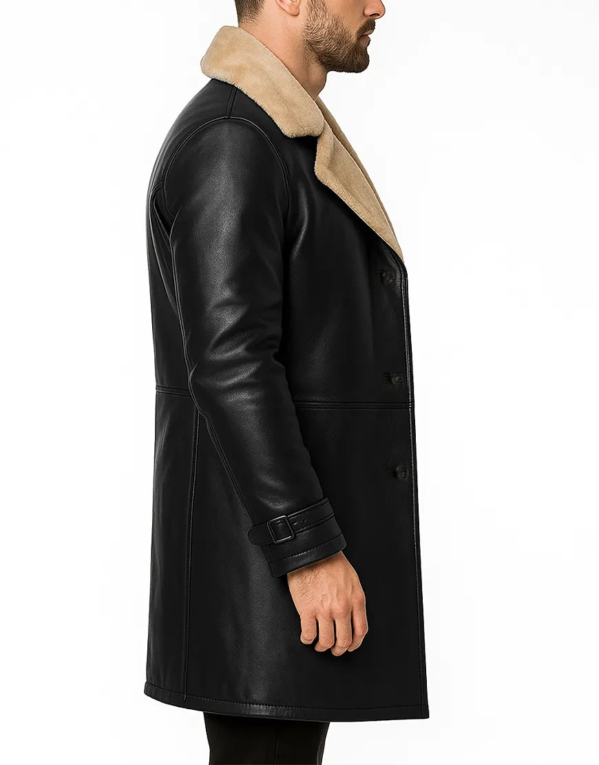 Beige Shearling Lining Black Leather Trench Coat For Men side view UEJ-MCOAT-0002-BLK
