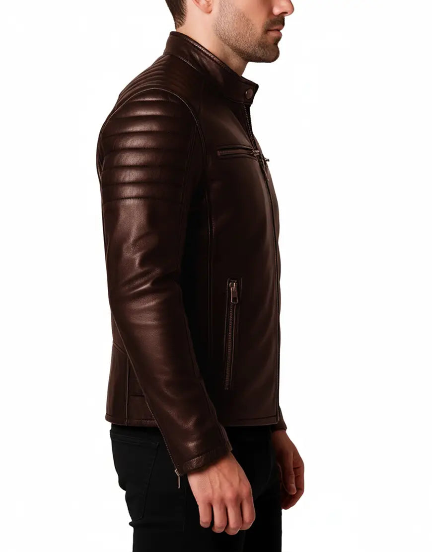 Mandarin Collar Real Leather Brown Vintage Motorcycle Jacket For Men side view UEJ-MBIKR-0004-BRN