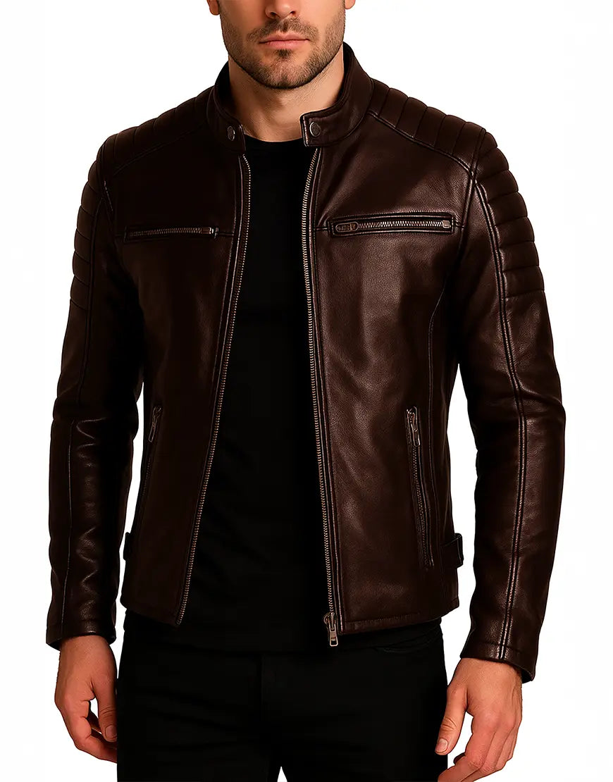 Mandarin Collar Real Leather Brown Vintage Motorcycle Jacket For Men front zipper open view UEJ-MBIKR-0004-BRN