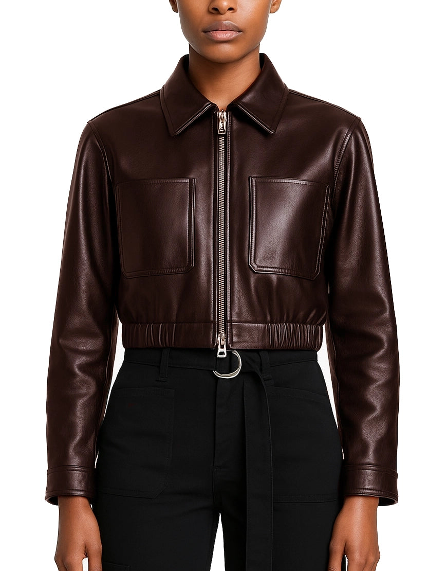 Womens-Glossy-Black-Blouson-Cropped-Leather-Jacket-UEJ-WLTHR-0026-brown-front.webp