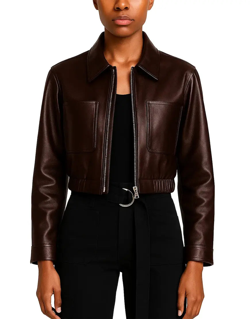 Womens-Glossy-Brown-Blouson-Cropped-Leather-Jacket-front-UEJ-WLTHR-0026-BRN-1.webp