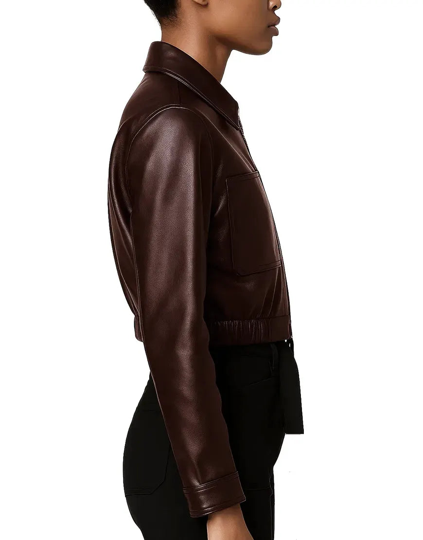 Women’s Glossy Brown Blouson Cropped Leather Jacket SIDE VIEW UEJ-WLTHR-0026-BRN