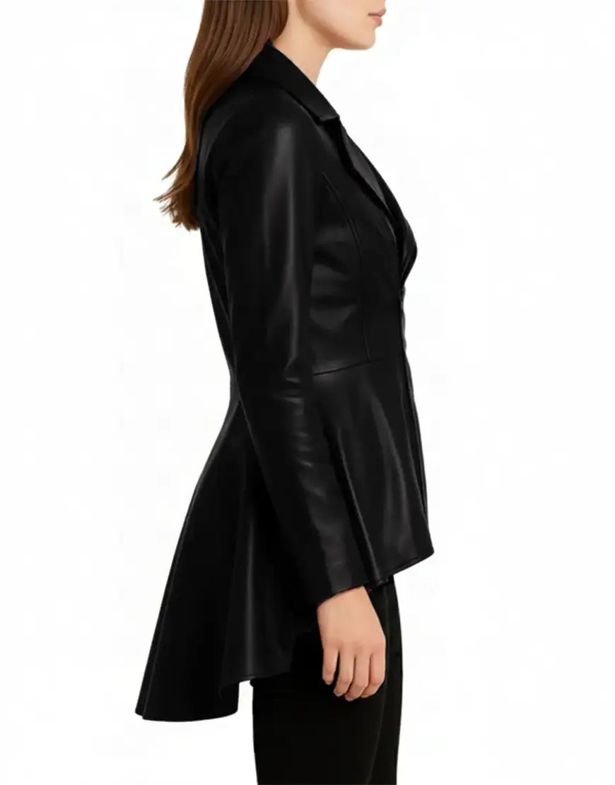 Asymmetrical Black Leather Peplum Jacket For Women Side Changge UEJ-WCOAT-0003-BLK