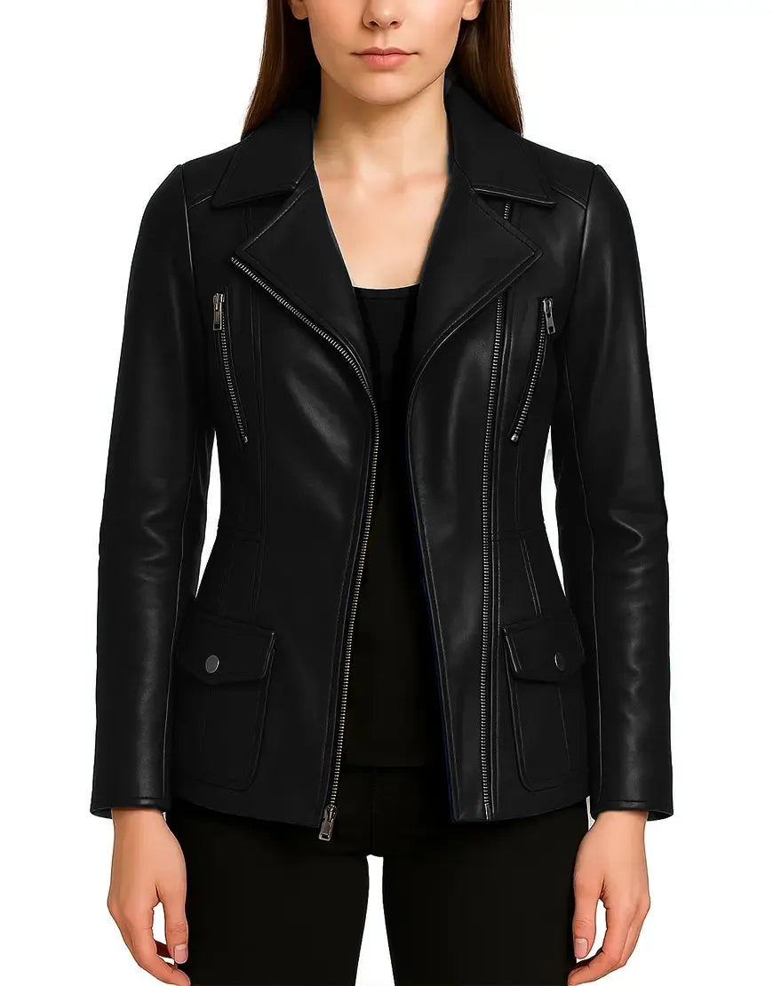 Biker Style Black Leather Coat For Women black black zipper open UEJ-WCOAT-0004-BLK