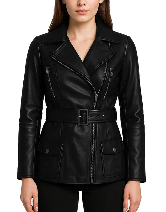 Biker Style Black Leather Coat For Women black front view UEJ-WCOAT-0004-BLK