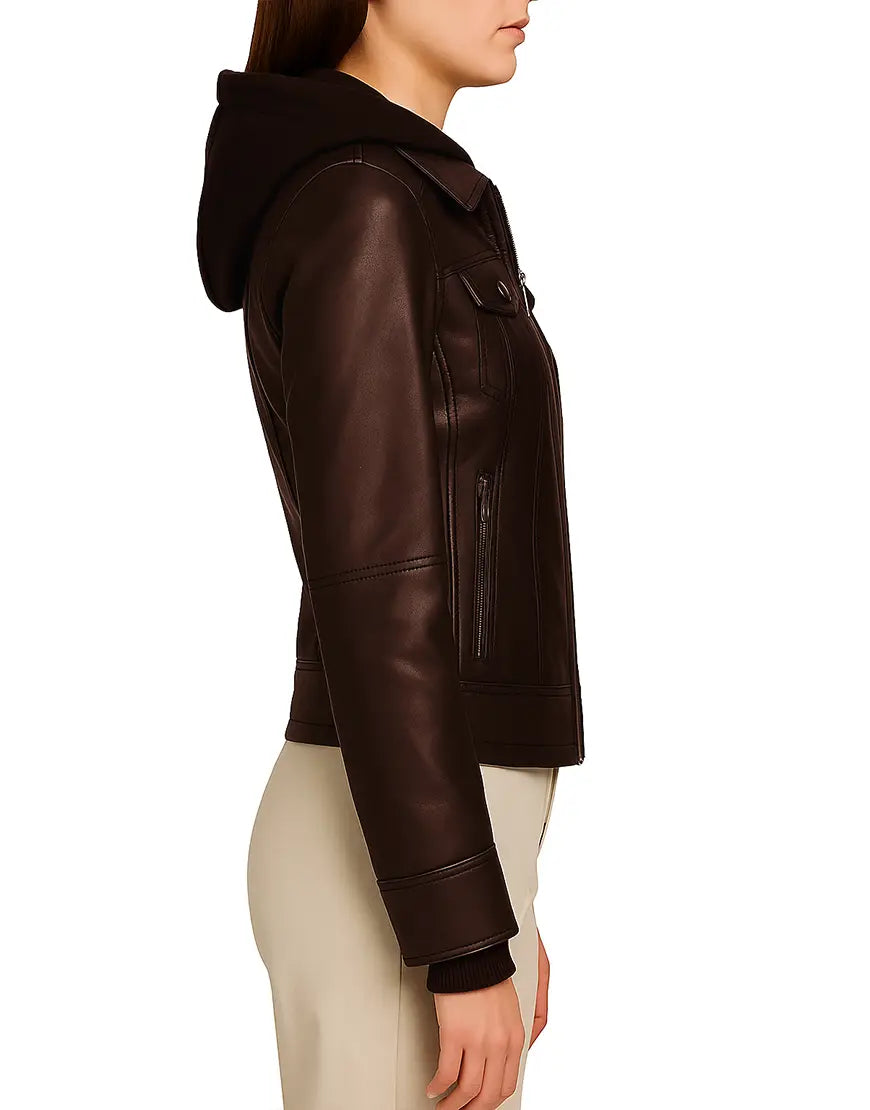 Brown Color Removable Hood Bomber Jacket For Women side view UEJ-WBMBR-0002-BRN