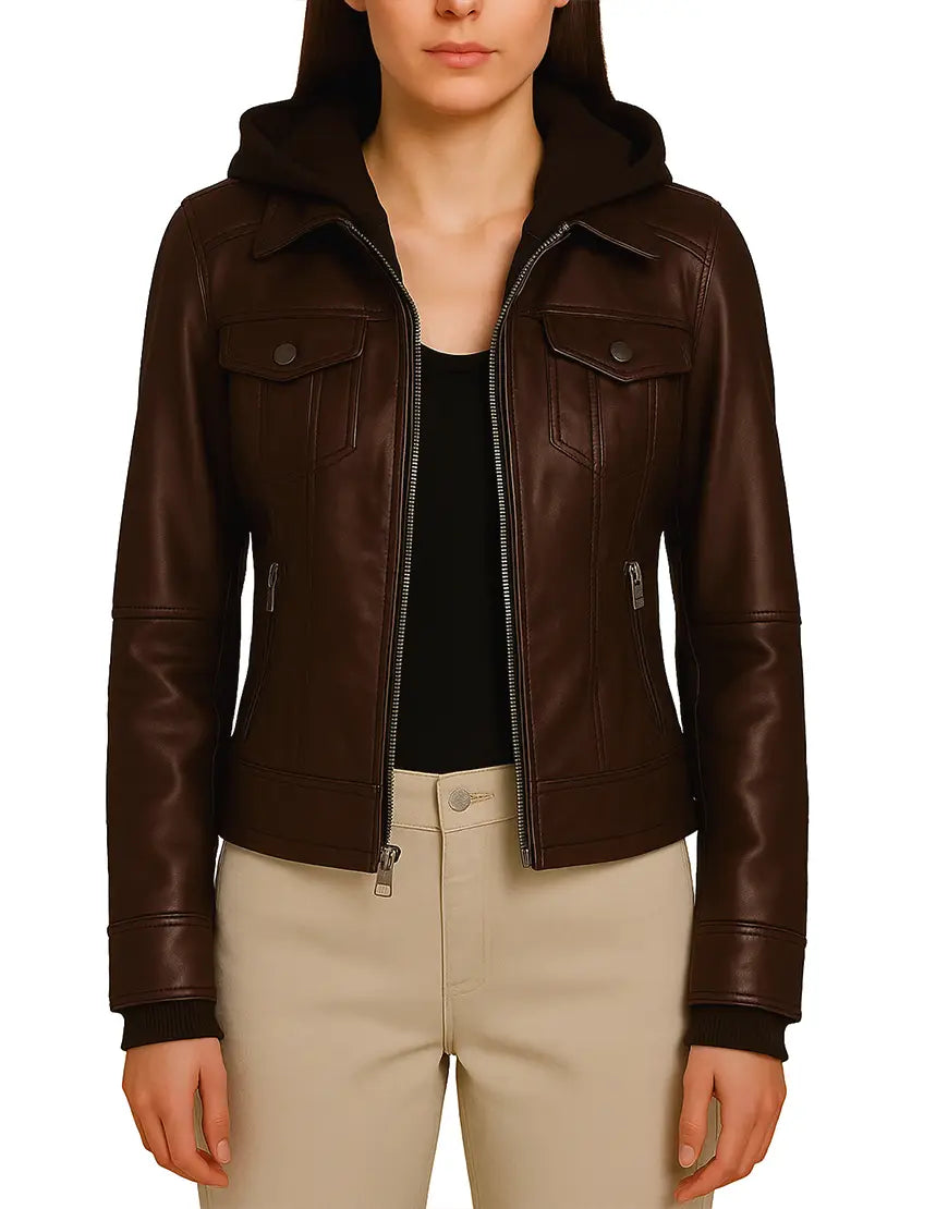 Brown Color Removable Hood Bomber Jacket For Women front zipper open view UEJ-WBMBR-0002-BRN