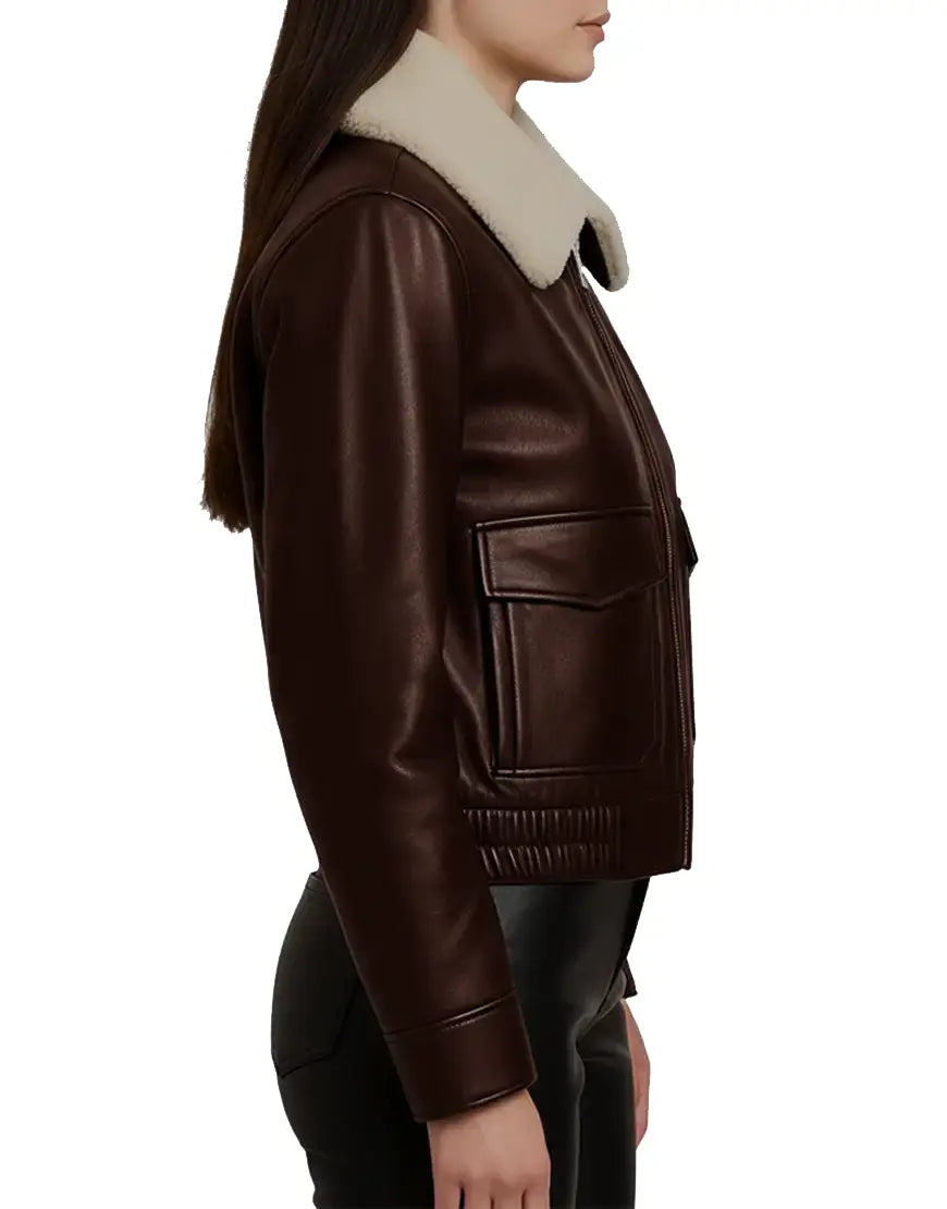 Elasticated Brown Shearling Aviator Jacket For WomenUEJ-WSHRL-0001- BRN Sided View